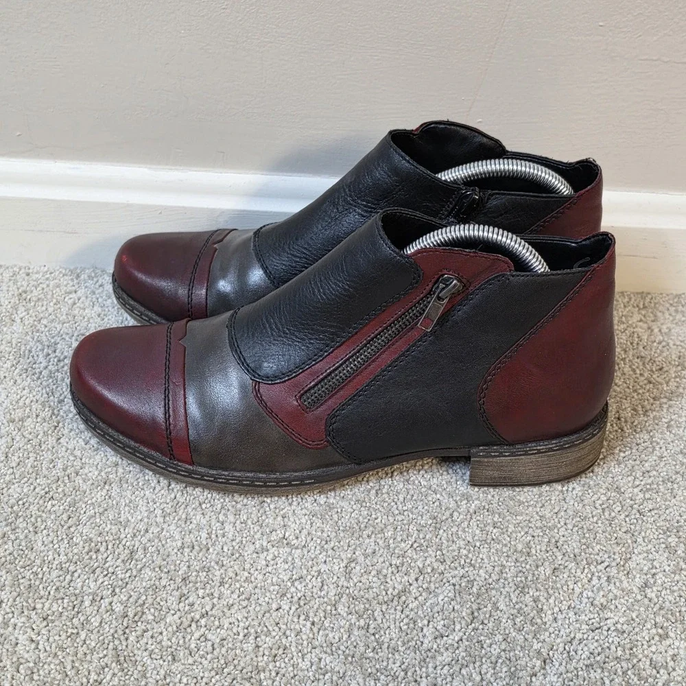 Remonte Zip Up Ankle Boots‎ Red Wine Patchwork Size 41 US 9.5 Shoes NWOB